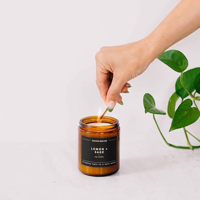 Calyan Wax Co. Lavender & Bergamot Scented Candle - 57 Hour Burn - Luxury Non Toxic Soy Wax Candles - Long Lasting Amber Glass Jar Candle for Home - 7.2oz