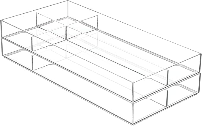 iDesign Clarity Plastic Divided Drawer Organizer, Storage Container for Vanity, Bathroom, Kitchen Drawers, 8" x 16" x 2", Clear,40850
