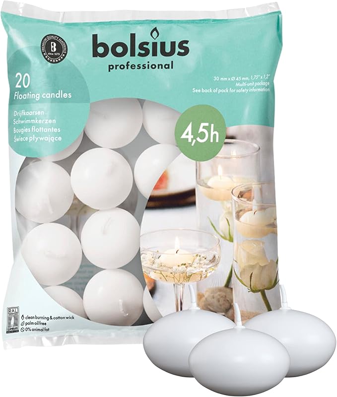 Bolsius White Floating Candles 1.75 Inch, 20 Pack Candle Set – 4,5 Hours Burn Time – Premium European Quality – Smokeless & Dripless Smooth Flame – 100% Cotton Wick – Beach, Wedding, & Party Accessory