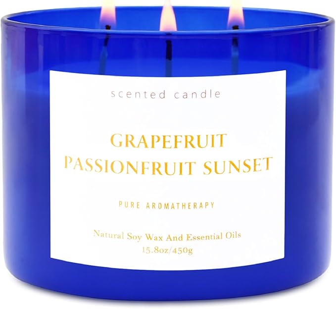 Grapefruit Passionfruit Sunset 3-Wick Soy Candle | Large Aromatherapy Scented Candle for Home 15.8oz | Fresh Tropical Citrus Stress Relief Candle | Clean Burn | Relaxation Gift for Women & Men