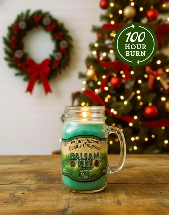 Balsam Pine Scented Mason Jar Candle – 13 oz, Long Lasting 100 Hour Burn, Soy Blend with Lead-Free Wick – Our Own Candle Company