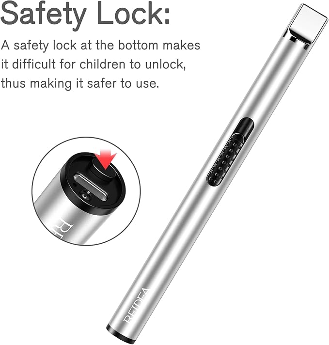 REIDEA Candle Lighter, Electric Arc Lighter with Safe Protector Button, USB Rechargeable Perfect for Camping Cooking BBQ Fireworks (Silver)