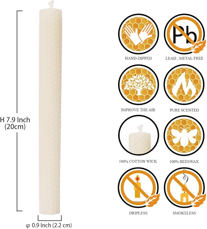 DEYBBY Handmade Beeswax Taper Candles, Dripless Wax Candles, Hand-Rolled Honeycomb Candles for Dinner Party, Set of 12 Flat Top（Cream White）