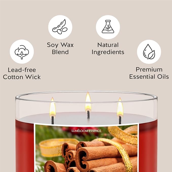 Cinnamon Candles, 14.5oz, Large 3-Wick Soy Wax Candles for Home Scented, Sweet Cinnamon, Apple, Clove Scent, Holiday Gifts for Women, Men, Friend, Teacher, Long Burning Time