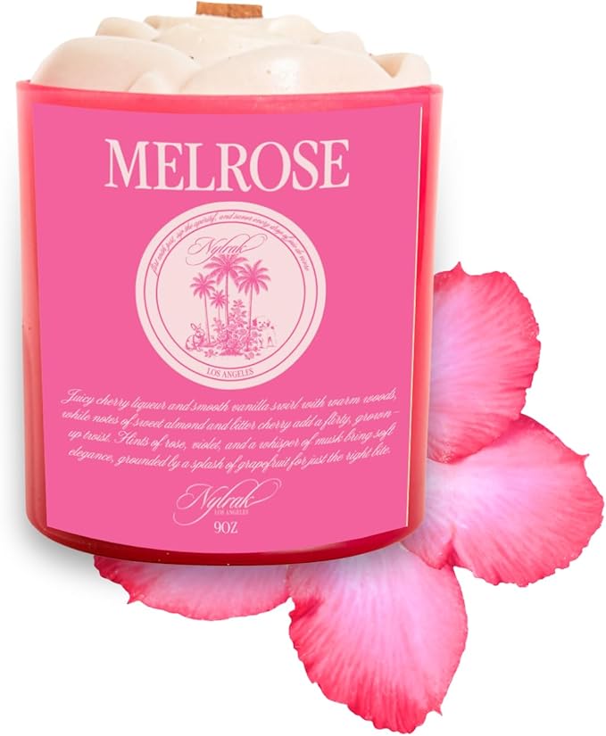 Body Oil Massage Candle | Melts into Skin Softening Warm Massage Oil - Natural Wood Wick - Soy & Coconut Wax – Cherry & Vanilla with Rose Scents - Self Care Gift (Melrose 9oz)