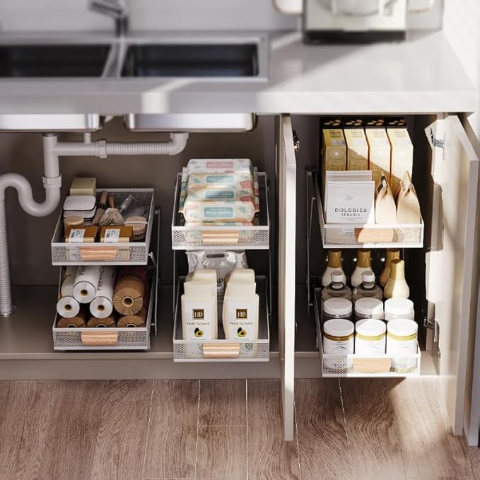 Carbon Steel Pull out Cabinet&Drawer Organizer,Adjusted to 3 different heights(12.4“&14.8”&16.4“),2 Tier Sliding Drawers for Kitchen,Bathroom,Office,Makeup Crafts, Condiment Pull-out basket