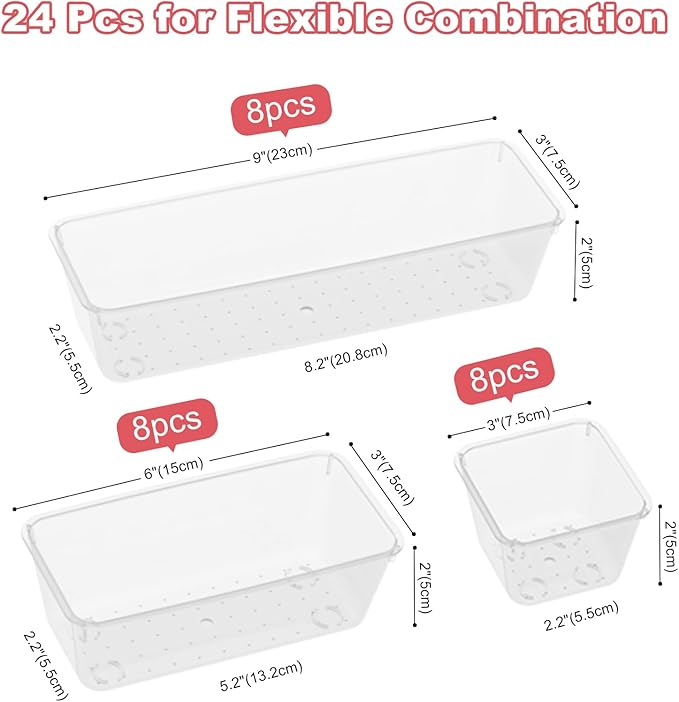 24 PCS Plastic Drawer Organizer Set, Sturdy 3-Size Makeup Vanity Desk Drawer Organizer Trays and Storage Bins for Cosmetics, Junk and Gadgets – Ideal for Bathroom, Bedroom, Office and Kitchen