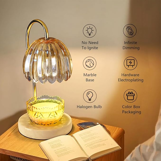 Candle Warmer Lamp with Timer, Electric Candle Warmer with 2 Bulbs for Scented Candles, Dimmable Wax Melt Warmer with Marble Base for Home Room Décor, Gifts for Women Mom