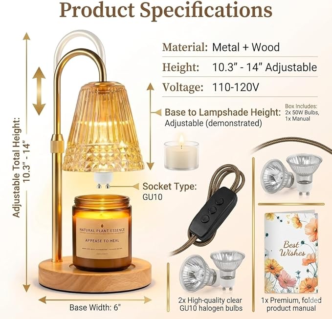 Candle Warmer Lamp with Timer Dimmable, Height Ajustable Candle Lamp Warmer for Jar Candles, Gold Electric Lamp Candle Warmer with 2 Bulbs, Gifts for Christmas, Birthday, Women and Mom