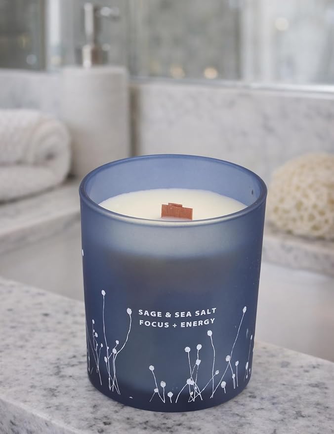 White Sage Sea Salt Wood Wick Soy Scented Candle, 10.6 oz | Sage Candle for Cleansing House | Aromatherapy Energy Cleansing Candle for Home, Meditation, Clean Burning Long Lasting