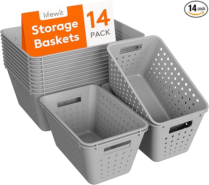 Lifewit Plastic Storage Basket for Organizing, 14 Pack Stackable Open Containers, Multi Size Storage Bins for Shelving, Pantry, Office and Cabinet, 10 Large and 4 Small Size, Gray