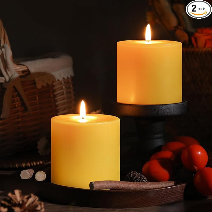 2 Pack Natural Beeswax Pillar Candles,100 Hours Burning Bees Wax Candles for Home, 100% Pure Beeswax Candle for Emergency, Prayer, Smokeless, Non-toxic-3X3 in