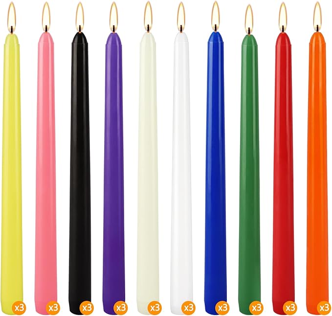 30 Pcs 10 Inch Dripless Taper Candles, Unscented Colorful Long Candles Sticks for Holiday Celebration Display, Home Decor, Dinner, Festival, and Party Decoration.