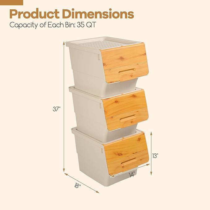 Giantex Plastic Stackable Storage Bins with Lids & Wheels, 3 Pack Open Front Stacking Bins, Organizer Bins for Pantry, Kitchen, Laundry, Closet, Playroom, Bedroom Organization (35 QT)
