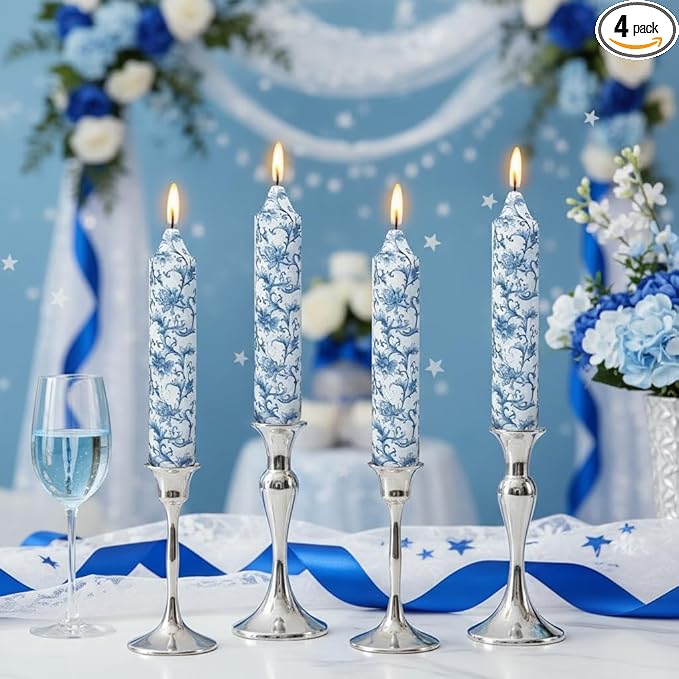7 Inch Blue and White Tapered Candles Short Floral Candle Sticks Hand Poured Unscented Smokeless Clean Burning Candles for Dining Table Everyday Meals Family Dinner Elegance