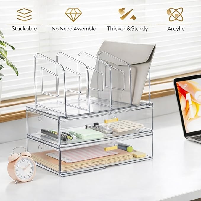 LALOBLUE Acrylic Desk Organizer with Drawer, Office Supplies,Organization Storage, 2 PC Drawer Organizer with 4 File Sorter, Desk Organizers and Accessories, Clear Acrylic File Organizer