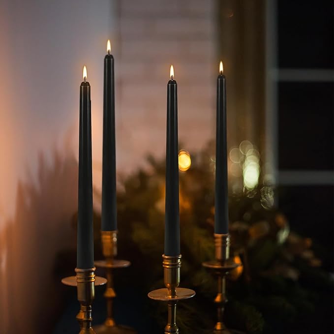 12Pack 10inch Black Taper Candle-Unscented and Smokeless-8hours Long Burning time,Dripless,Ideal for Halloween Taper Candles, Weddings, Dinner,Parties