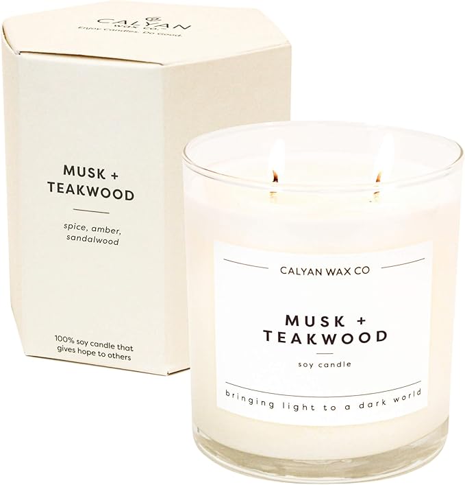 Calyan Wax Co. Musk & Teakwood 2 Wick Scented Candle - 37 Hour Burn - Luxury Non Toxic Soy Wax Candles - Long Lasting Large Glass Jar Candle for Home - 8.8oz
