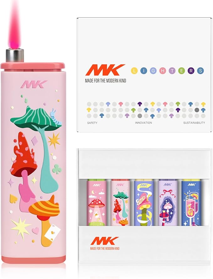 MK Wind Proof Jet Flame Lighters, 5PCS Striking Design, Ideal as Lighters for Candle, Camping, Outdoor use, Butane Refillable Lighter (MagicMush-5PC)