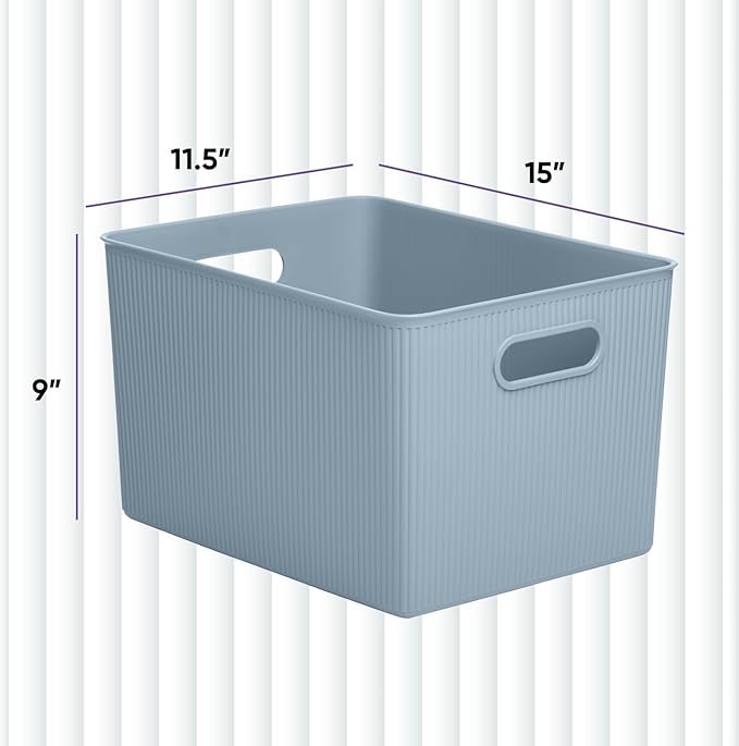 Superio Ribbed Collection - Decorative Plastic Basket Open Home Storage Bins Organizer, X-Large Blue (6 Pack) Container Boxes for Organizing Closet Storage Bins for Shelves 22 Liter/23 Quart