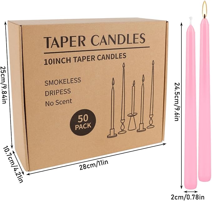 50-Pack Pink 10-Inch Taper Candles: Unscented Dripless Candlesticks with 8-Hour Burn Time - Elegant Dinner Candles for Valentine's Day, Romantic Dinners, Wedding Centerpieces, & Special Event Decor