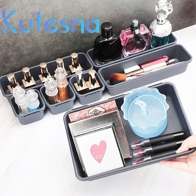 Kutesna 44 PCS Interlocking Drawer Organizer Set,4-Size Plastic Versatile Bathroom and Desk Drawer Divider Organizer Trays,Multi-size Storage Bins for Office,Jewelries, Kitchen Utensils and Makeup