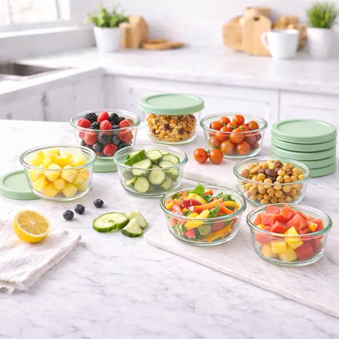 DURA LIVING 16-Piece Glass Food Storage Containers Set (8 Containers + 8 BPA-Free Lids) | 1-Cup, Leakproof | Microwave, Freezer, Oven & Dishwasher Safe | Ideal for Meal Prep & Pantry Organization