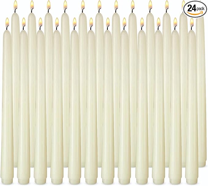 Ivory Taper Candles, Set of 24 Unscented and Smokeless 10 Inch Taper Candles Long Burning, Paraffin Wax with Cotton Wicks for Burning Approxinately 7-8 Hours Time