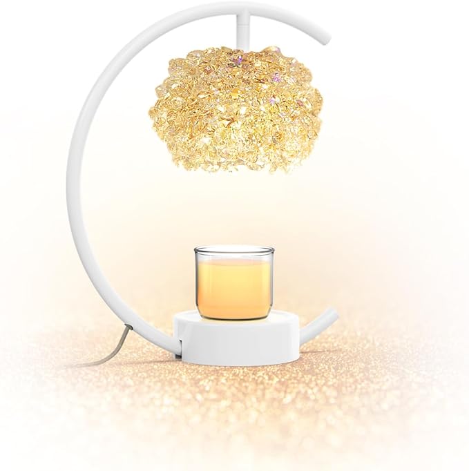 Yeuslor White Candle Warmer Lamp for Jar Candles with Adjustable Brightness＆Timer，Handcrafted Crystal＆Wooden Base,Candle Lamp Luxurious Design+2Bulbs,Home Decoration Electric Candle lamp(C-Shaped)