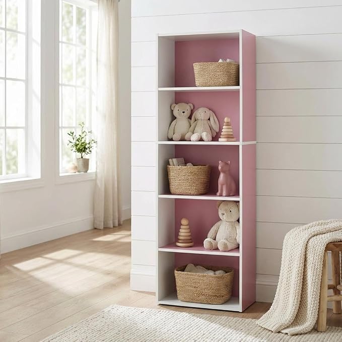 Furnifact White and Pink 5-Tier Reversible Color Open Shelf Bookcase, Durable Storage Organizer, Modern Design, Versatile, Easy Assembly