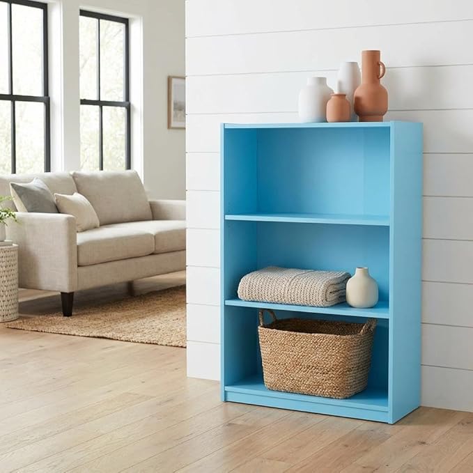 Furnifact Light Blue 3-Tier Adjustable Shelf Bookcase, Made of Wood, Modern Design, Versatile Storage, Easy Assembly