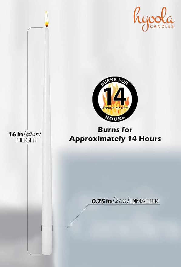 Hyoola Tall Taper Candles - 16 Inch White Unscented Dripless Taper Candles - 14 Hour Burn Time - 8 Pack