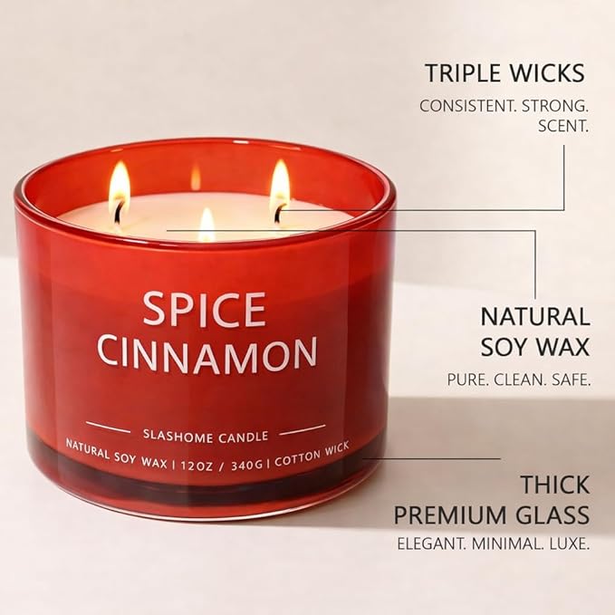 Spiced Cinnamon Scented Candle, Luxury Large 3 Wick Soy Candle 12 Oz, 60+ Hour Long Lasting Clean Burn, Elegant Aromatherapy Home Decor, Housewarming & Birthday Gift for Men & Women