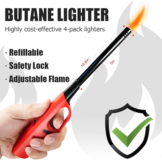 4 Pack Lighter Refillable Butane Lighters, Flexi-Wand Long Lighters for Candle Camping Fireplace Party BBQ Grill(Fuel Not Included)