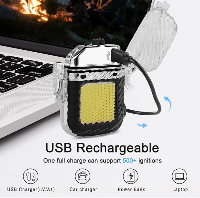 SUPRUS Waterproof Luminous Lighter of Flashlight Windproof Arc Electric Lighters Rechargeable Dual Arc Plasma (Black, 2Packs)