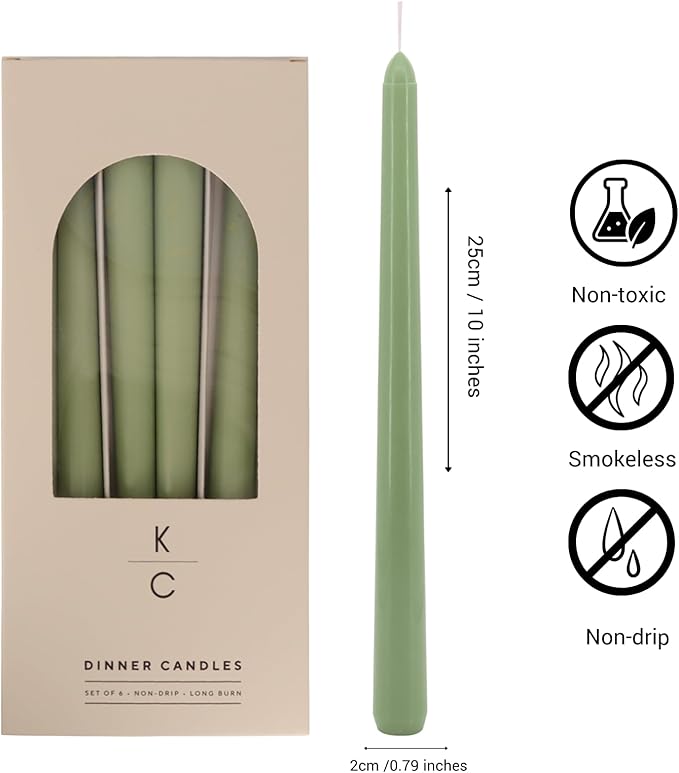 Tapered Dinner Candles - Soy & Paraffin Blend, Dinner Candles with Long-Lasting 7-Hour Burn for Stylish Homes - Candle in Curated Colors Ideal Gift for Hosts, Brides & Event Planners-Sage