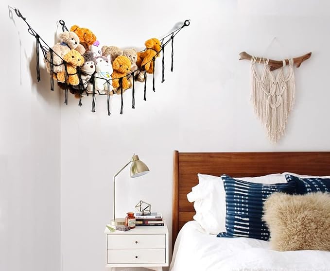 YKBU Stuffed Animals Hammock Corner Hanging Net Macrame Stuffed Animal Storage Plush Toy Holder Toy Organizer for Boho Nursery Playroom Bedroom Kids Room (black, Large)