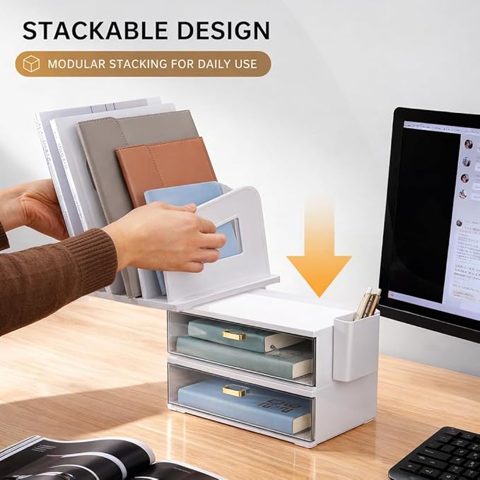 CiWiVOKi White Desk Organizer with 4 File Holder Slots, 2 Clear Drawers & Dual Pen Holders, Multi-Functional Office Supplies Desktop Storage for Home Office, Space-Saving Mail Sorter & Caddy