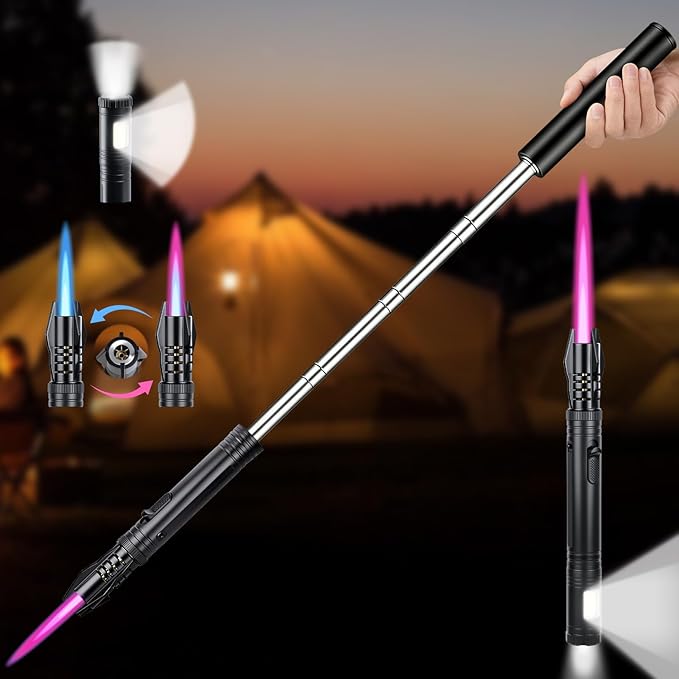 Windproof Torch Lighter, Long Camping Lighter Refillable Butane Gas - 4 in 1 Extendable Lightsaber Lighter with Safety Lock/Jet Flame Cool Lighters for Fireplace Campfires Outdoor Tool for Men