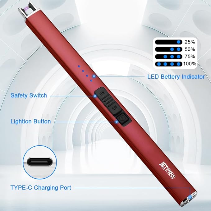 Electric Arc Windproof Lighter Flameless USB Rechargeable Lighter with Safety Lock for Candle BBQ Camping (Red)