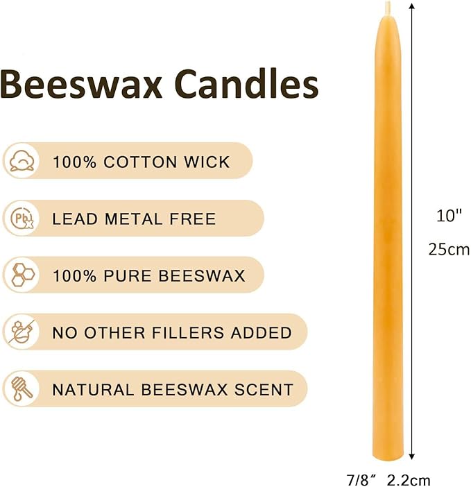 10 inch Pure Bee Waxs Candlestick Tapers 12 Pack,9 Hours Long Burning Beewaxs Taper Candles,Unscented Dripless and Smokeless,for Home Decor, Party, Wedding
