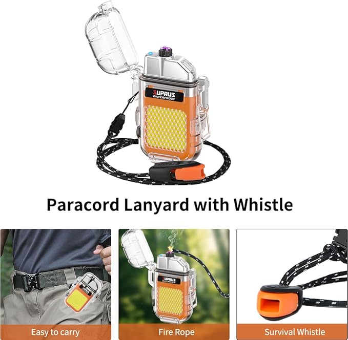 SUPRUS Waterproof 3 Modes of Flashlight Windproof Lighter Dual Arc Electric Rechargeable Dual Arc Plasma Lighter with Survival Emergency Whistle and Lanyard (Orange, 2Packs)