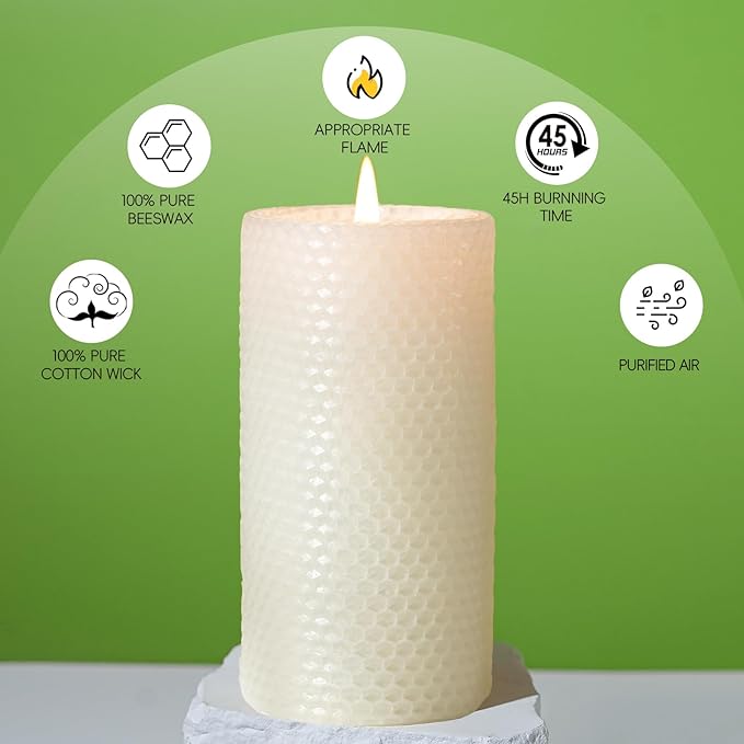 White Beeswax Pillar Candles, 2 Pack Hand-Rolled Beeswax Candles-90 Hours Long Burning, Handcrafted Honeycomb Bees Wax for Home, Bee Themed Gifts for Candle Lovers (2.8x6 in)