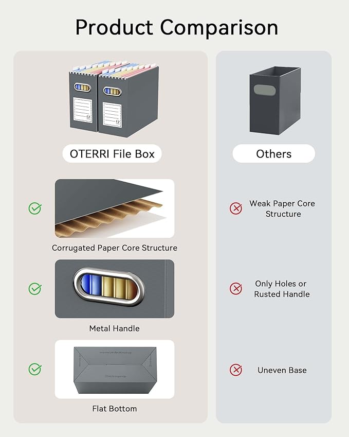 Oterri Cardboard File Organizer Box for Hanging File Folders Letter Size,File Box for Computer Desk,File Cabinet,Working Home,Office,Classroom (Dark Grey, Letter Size - 2 Packs)