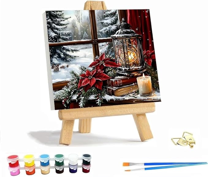 VIGEGU Christmas Paint by Numbers Kit for Adults with Framed,Lantern Candle Paint by Number DIY Adult Paint by Number Kits for Wall Decor 12x12in