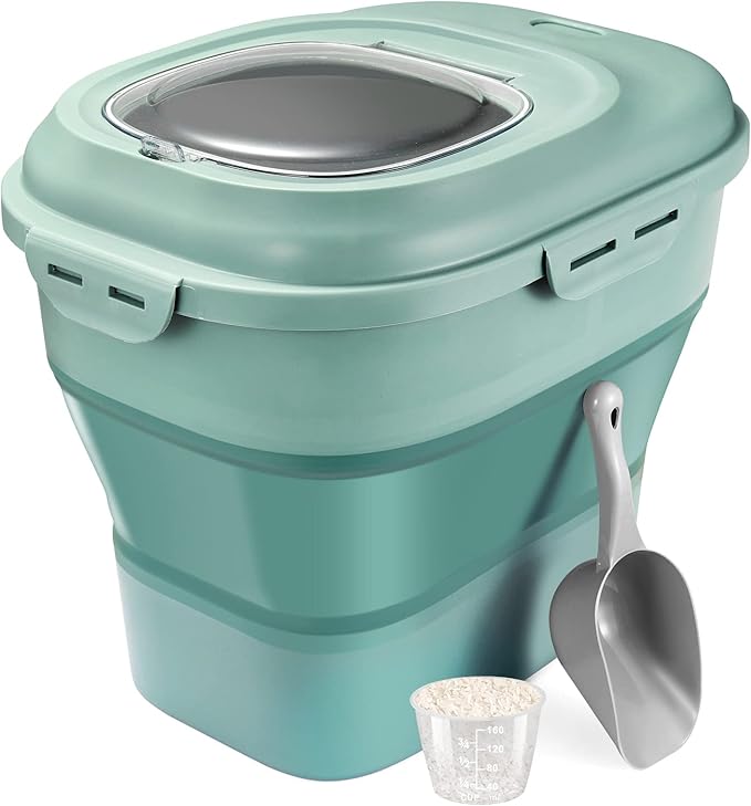 Rice Storage Container, Foldable Airtight Cereal Food Storage Containers 20 to 50 Lbs with Measuring Cup & Wheels, Dry Food Flour Sugar Storage Container Large Kitchen Pantry Holder, Green