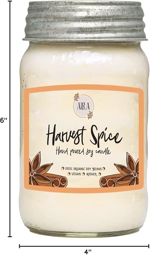 Aira Soy Candles - Organic, Kosher, Vegan, in Mason Jar w/Therapeutic Grade Essential Oils - Hand-Poured 100% Soy Candle - Paraffin Free, Burns 110+ Hours - Fall Candle - Harvest Spice -16 Ounces