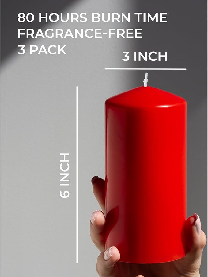 CANDWAX 3x6 Inch Red Pillar Candles Set of 3 - Unscented Christmas Pillars - 80-Hour Burn Time Self-Extinguishing Long Lasting Candles for Home Decor - Cone-Top Red Candles