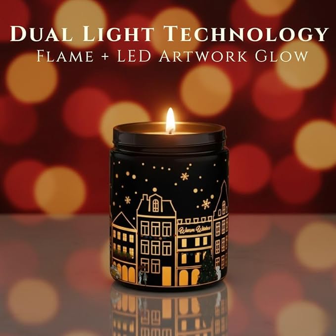 Apple & Cinnamon Scented Candle – Dual Light Glow Jar Candle (Real Flame + Heat Activated LED), Soy Wax Blend Aromatherapy Candle, 40-Hour Burn, Candle for Bedroom, Bathroom & Home Gift, 7oz