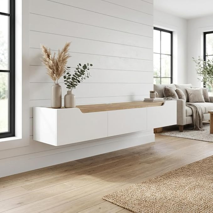 Furnifact White Floating TV Stand for up to 80 inch TVs, wall-Mounted Entertainment Center, Engineered Wood, Modern Design, Sleek wall-Mount Style